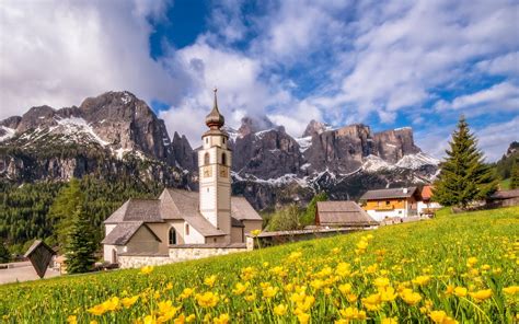 Wallpaper Italy Dolomites Church Mountains Clouds