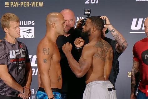 robbie lawler vs tyron woodley staredown pic video from ufc 201 weigh ins