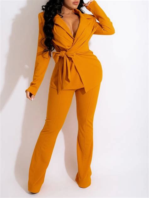 women s sets solid v neck belted long sleeve trousers two piece suit gelbe mode günstige