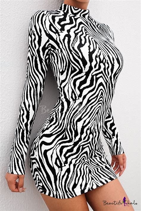 Sexy Black And White Zebra Print Long Sleeve Mock Neck Mini Bodycon