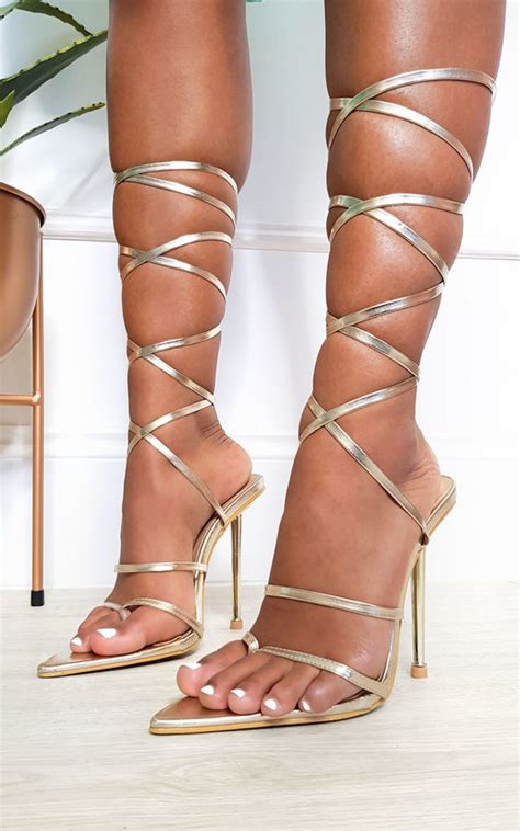 Leti Lace Up Pointed High Heels In Gold Ikrush