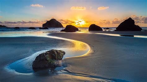 Wallpaper Sunlight Sunset Sea Bay Rock Shore Reflection Beach
