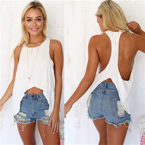 Fashion Womens Cotton Backless Vest Casual Summer Loose Tank T Shirt