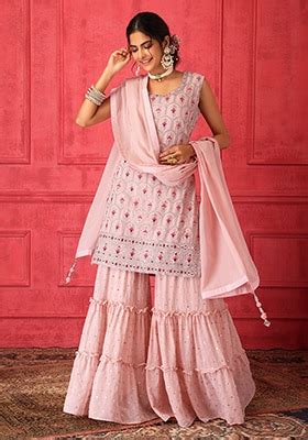Buy Women Peach Sharara Set With Short Embroidered Kurta And Dupatta