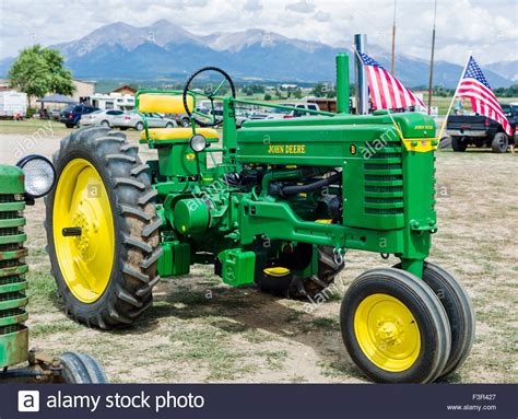 Restored antique John Deere tractor, Chaffee County Fair & Rodeo, Salida, Colorado, USA Stock