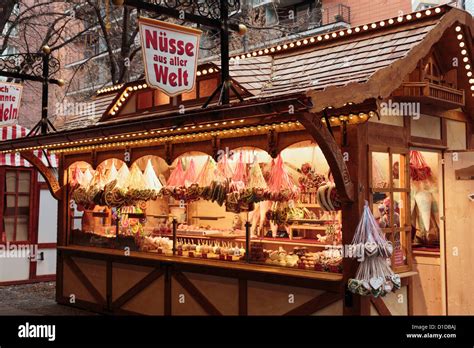 Traditional Christmas Wooden Market Stall Selling Sweets Chocolate And