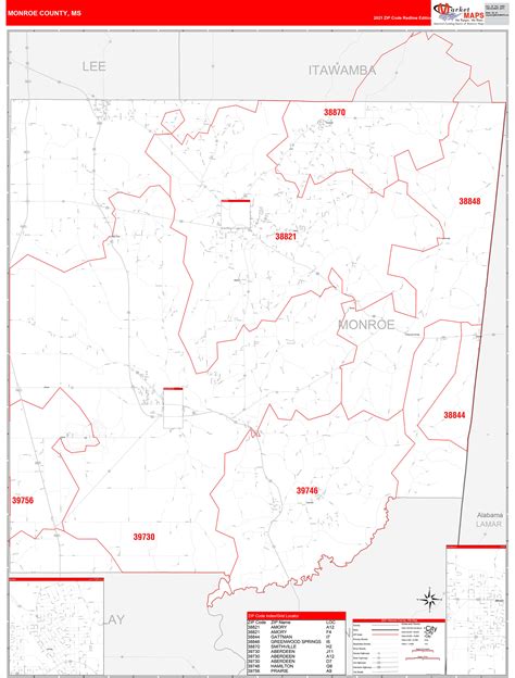 Monroe County Ms Zip Code Wall Map Red Line Style By Marketmaps