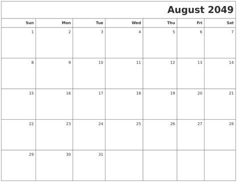 August 2049 Printable Blank Calendar