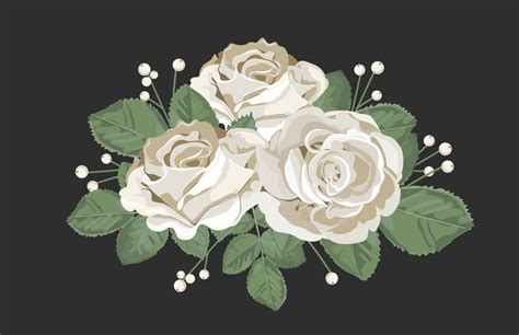 Retro Bouquet Design White Roses With Leaves And Berry On Black