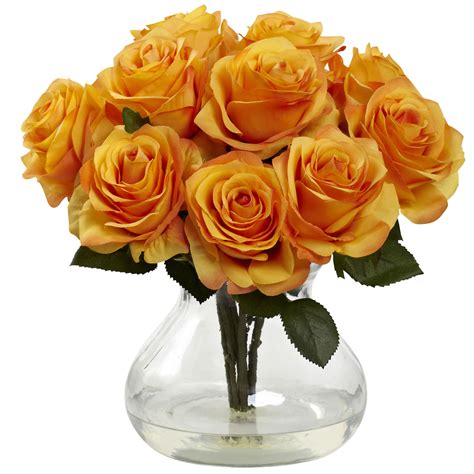 Realistic faux flowers in vase. Artificial 11" Roses Bouquet Flowers Floral Arrangement in ...