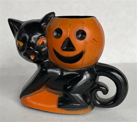 Vintage Rosbro Halloween Black Cat And Pumpkin Candy Holder Hard Plastic