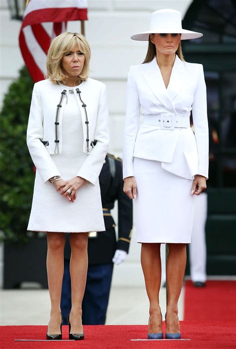 melania trump and brigitte macron wear white suit hat details usweekly