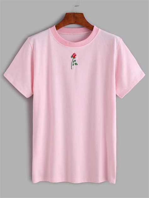 Pink Rose Embroidered T Shirtfor Women Romwe