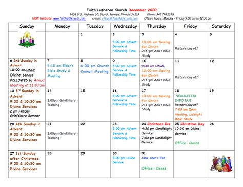 December 2020 Calendar Faith Lutheran Church