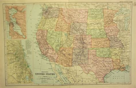 1912 Large Antique Map Western United States Inset Plan Chicago San