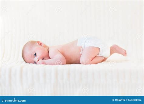 Cute Newborn Baby Boy On A White Knitetd Blanket Stock Photo Image Of