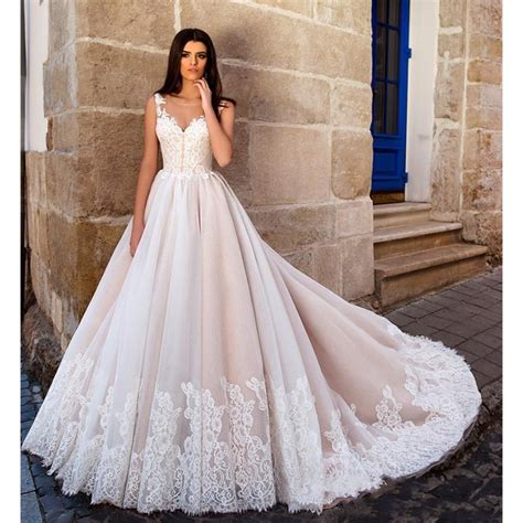 Aliexpress Com Buy Nude Pink Princess Ball Gown Wedding Dresses Illusion Sheer Jewel Neck Lace