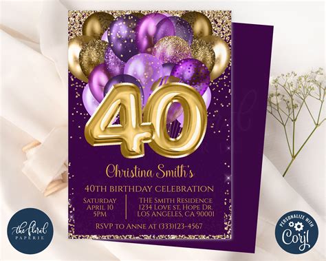 40th Birthday Invitation Template Editable Purple And Gold Etsy