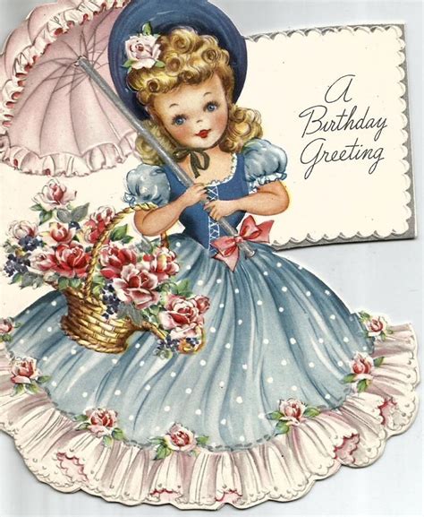 Vintage Birthday Greeting Card Little Girl Blue Gown Digital Etsy In