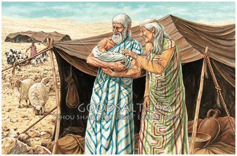 An Elderly Abraham And Sarah Are Standing Outdoors In Front Of A Tent
