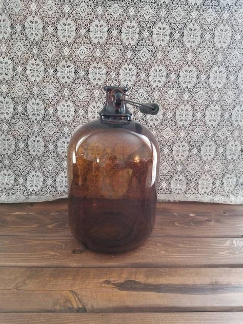 Large Antique Glass Jug With Wooden Handle Amber Brown Glass Bottle
