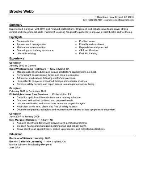 This sample caretaker recommendation letter is for the grown children of an elderly woman who is seeking a caregiver to live with her. Best Medical Caregiver Resume Example | LiveCareer
