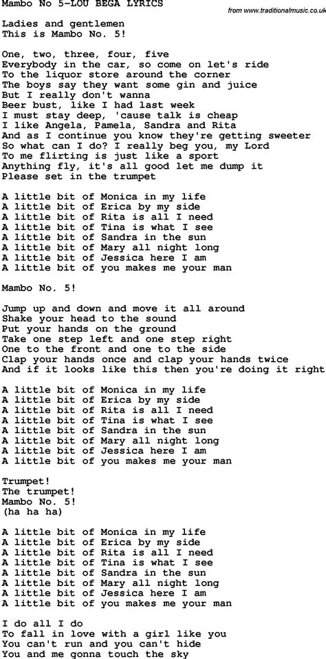 Novelty Song Mambo No 5 Lou Bega Lyrics Lyrics