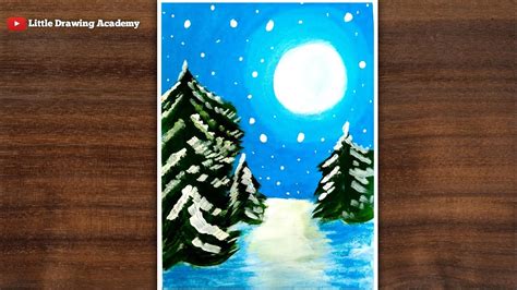 Easy Winter Snowfall Scenery Drawing For Beginners With Oil Pastels