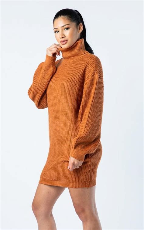 Ribbed Turtle Neck Sweater Dress Rust