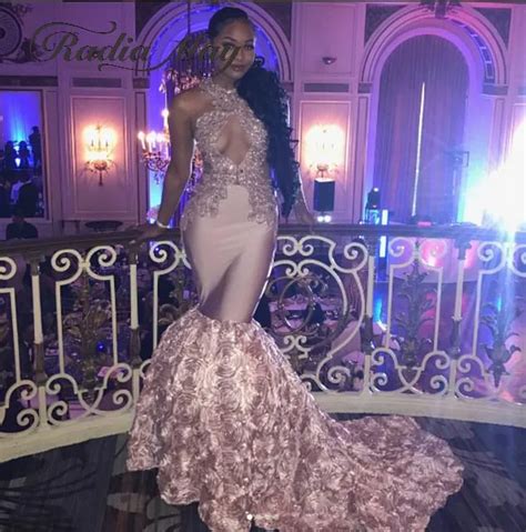 Dusty Pink Halter Keyhole Black Girls Mermaid Prom Dresses 2019 Long 3d