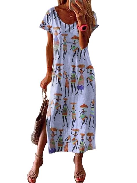 Ukap Women Beach Print Maxi Dress Summer Casual Short Sleeve Long Dress