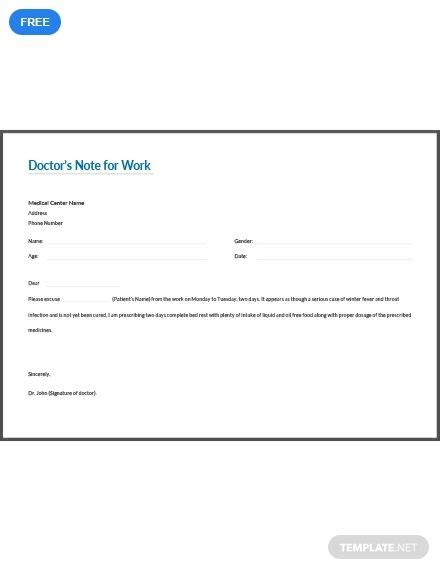 Doctors Note Template For Work Pdf