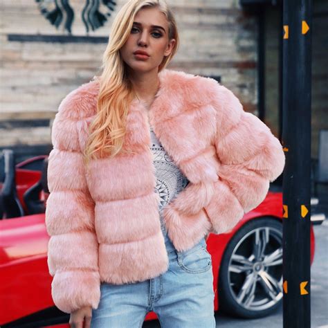 Pink Womens Faux Fur Coat 2018 Winter Thick Warm Fluffy Coat Fake Fur