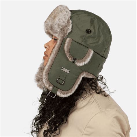 Barts Kamikaze Water Resistant Trapper Hat With Ear Flaps And Faux Fur Trim Black Or Army Green