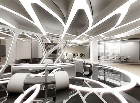 The Interior Of A Futuristic Office Building With White And Black Decor