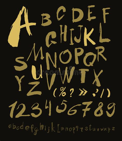 Alphabet Letters Lowercase Uppercase And Numbers Gold On Black Stock