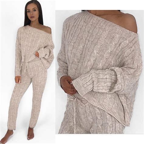 2pcs Womens Cable Knit Off Shoulder Oversize Sweater Top Lounge Wear