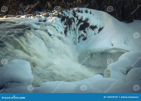 Biggest Frozen Swedish Waterfall Tannforsen In Winter Time Royalty Free
