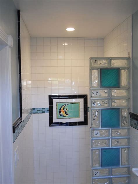 Colored Glass Block Shower In A Small Bathroom Renovation San Diego