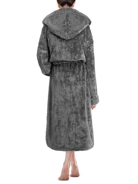 Pavilia Women Hooded Plush Soft Robe Fluffy Warm Fleece Sherpa Shaggy Bathrobe L Xl Gray