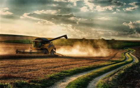 Download Wallpapers Harvesting Combine Harvester Field Wheat Night