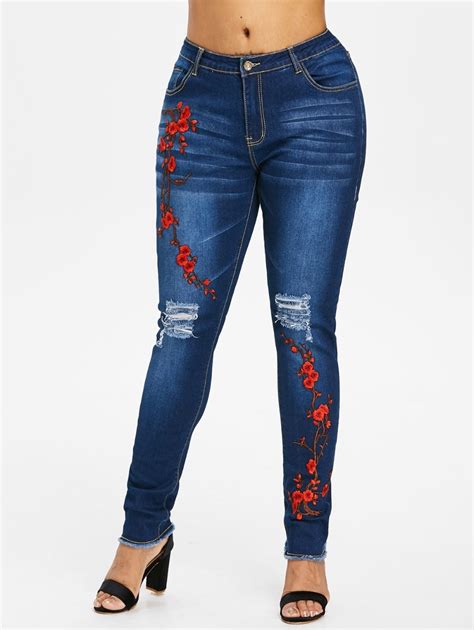 Aliexpress Buy Xl Women Plus Size Distressed Embroidery Jeans