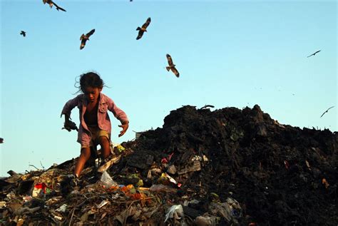 A Little Girl Is Collecting The Material From The Garbage Yard