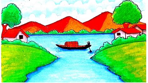 How To draw a village scenery with landscape drawing step by step