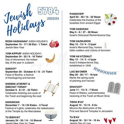 Jewish Holidays Calendar 5784 2023 24 Digital Download Pdf Printable