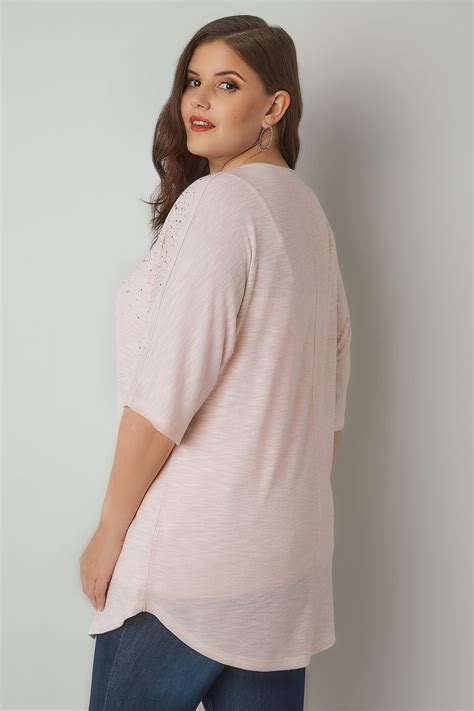 Blush Pink Top With Zip Neckline And Diamante Detail Plus Size 16 To 36