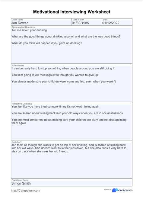 Motivational Interviewing Worksheet And Example Free Pdf Download