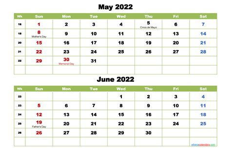 May June Calendar 2022 Printable Printable World Holiday