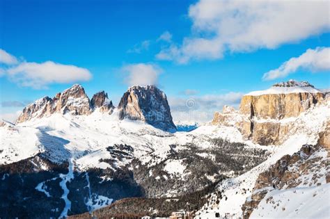 Ski Resort In Winter Dolomite Alps Val Di Fassa Italy Stock Photo