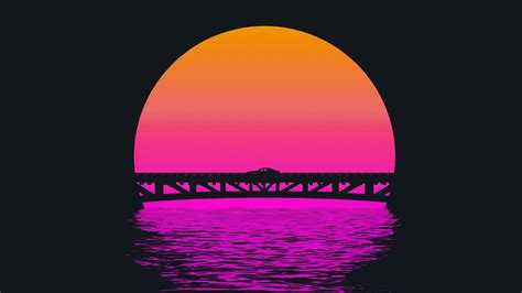 Outrun Style Car Moving On The Bridge Hd 4k Wallpaper